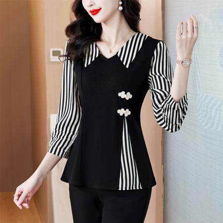 FA47093# 春季大码女装胖MM收腰显瘦气质假两件拼接遮肚减龄七分袖上衣 服裝批發女裝批發服飾貨源