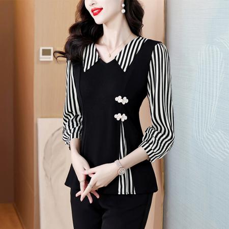 FA47093# 春季大码女装胖MM收腰显瘦气质假两件拼接遮肚减龄七分袖上衣 服裝批發女裝批發服飾貨源