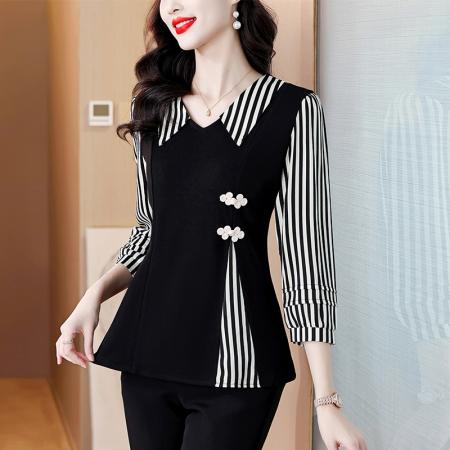 FA47093# 春季大码女装胖MM收腰显瘦气质假两件拼接遮肚减龄七分袖上衣 服裝批發女裝批發服飾貨源