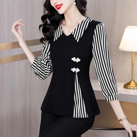 FA47093# 春季大码女装胖MM收腰显瘦气质假两件拼接遮肚减龄七分袖上衣 服裝批發女裝批發服飾貨源