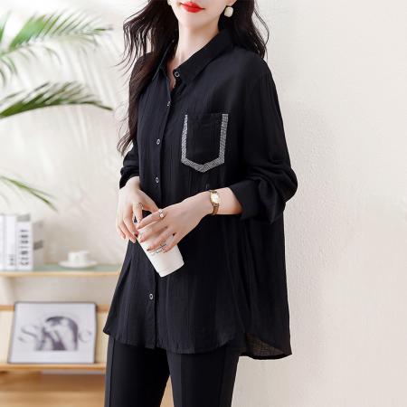 FA47094# 黑色高级感长袖小衫春季新款大码女装宽松遮肚显瘦上衣女 服裝批發女裝批發服飾貨源