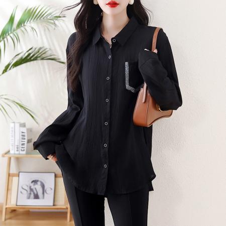 FA47094# 黑色高级感长袖小衫春季新款大码女装宽松遮肚显瘦上衣女 服裝批發女裝批發服飾貨源