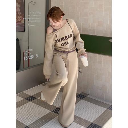 曼巴棉复古长袖斜肩印花卫衣高腰拼接条纹阔腿休闲裤女秋季套装 服裝批發女裝批發服飾貨源