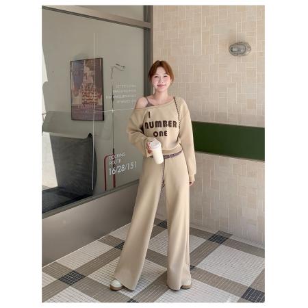 曼巴棉复古长袖斜肩印花卫衣高腰拼接条纹阔腿休闲裤女秋季套装 服裝批發女裝批發服飾貨源