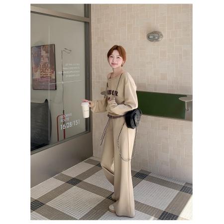 曼巴棉复古长袖斜肩印花卫衣高腰拼接条纹阔腿休闲裤女秋季套装 服裝批發女裝批發服飾貨源