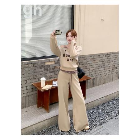 曼巴棉复古长袖斜肩印花卫衣高腰拼接条纹阔腿休闲裤女秋季套装 服裝批發女裝批發服飾貨源