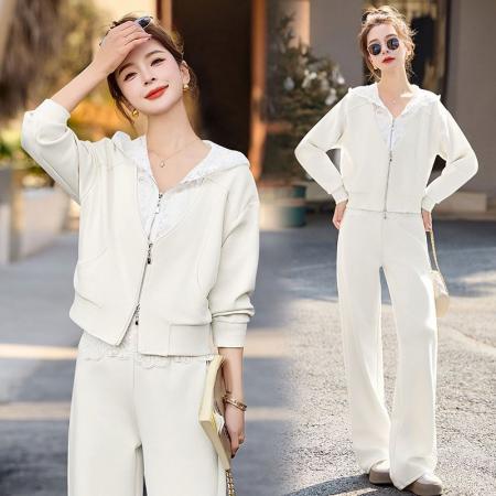 时尚休闲新款卫衣连帽拉链外套假两件休闲阔腿直筒裤套装 服裝批發女裝批發服飾貨源