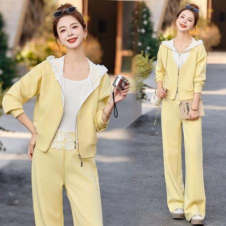 时尚休闲新款卫衣连帽拉链外套假两件休闲阔腿直筒裤套装 服裝批發女裝批發服飾貨源