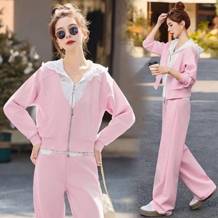 时尚休闲新款卫衣连帽拉链外套假两件休闲阔腿直筒裤套装 服裝批發女裝批發服飾貨源