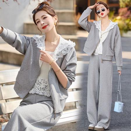 时尚休闲新款卫衣连帽拉链外套假两件休闲阔腿直筒裤套装 服裝批發女裝批發服飾貨源