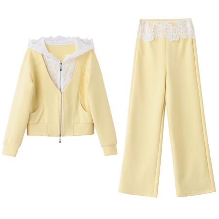 时尚休闲新款卫衣连帽拉链外套假两件休闲阔腿直筒裤套装 服裝批發女裝批發服飾貨源