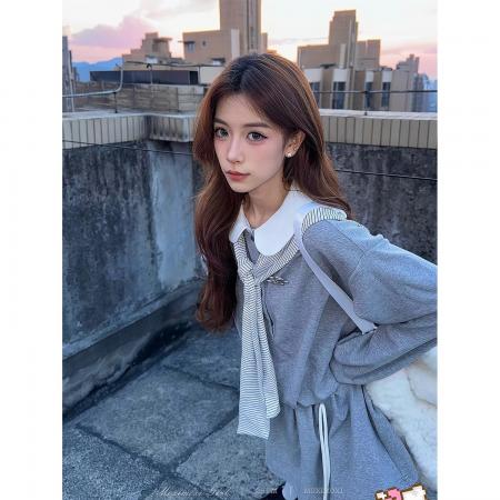 秋季灰色假两件长袖卫衣连衣裙条纹披肩韩系气质短裙女 服裝批發女裝批發服飾貨源