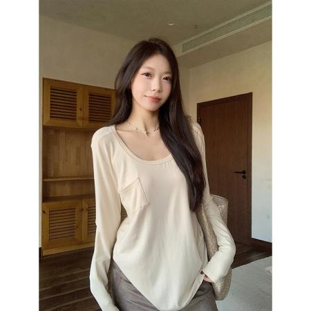 FA47107# -白色纯棉长袖T恤秋冬女装纯欲辣妹修身显瘦打底上衣 服裝批發女裝批發服飾貨源