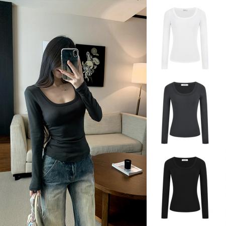 加绒加厚纯色基础款打底衫秋冬内搭方领正肩长袖t恤上衣 服裝批發女裝批發服飾貨源