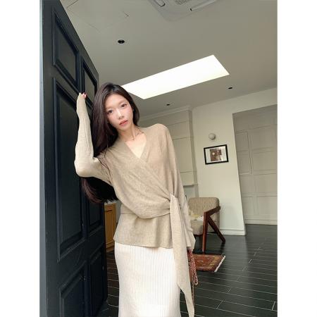 FA47109# 灰色交叉v领针织衫秋冬新款绑带收腰显瘦长袖上衣 服裝批發女裝批發服飾貨源