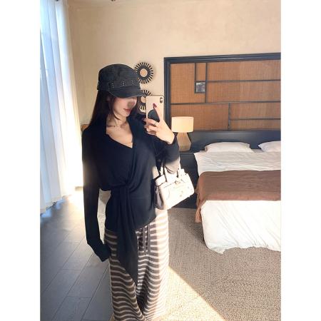 FA47109# 灰色交叉v领针织衫秋冬新款绑带收腰显瘦长袖上衣 服裝批發女裝批發服飾貨源