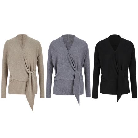 FA47109# 灰色交叉v领针织衫秋冬新款绑带收腰显瘦长袖上衣 服裝批發女裝批發服飾貨源