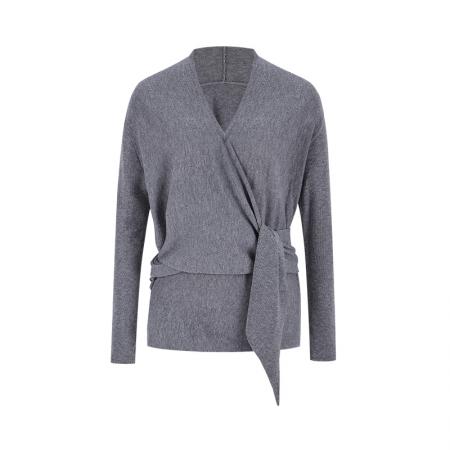 FA47109# 灰色交叉v领针织衫秋冬新款绑带收腰显瘦长袖上衣 服裝批發女裝批發服飾貨源