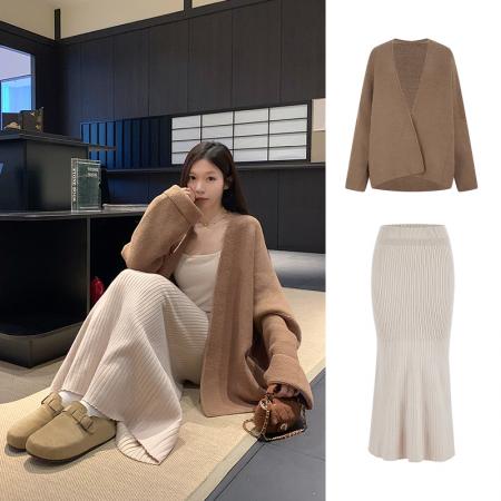 慵懒针织开衫外套秋冬外搭毛衣鱼尾半身裙套装 服裝批發女裝批發服飾貨源