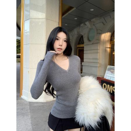 白色加绒加厚打底衫女内搭毛针织衣修身v领上衣 服裝批發女裝批發服飾貨源