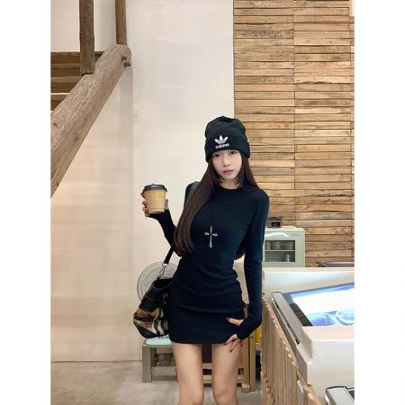 FA47113# /加厚磨毛内搭外穿长袖连衣裙女秋季收腰显瘦包臀短裙 服裝批發女裝批發服飾貨源