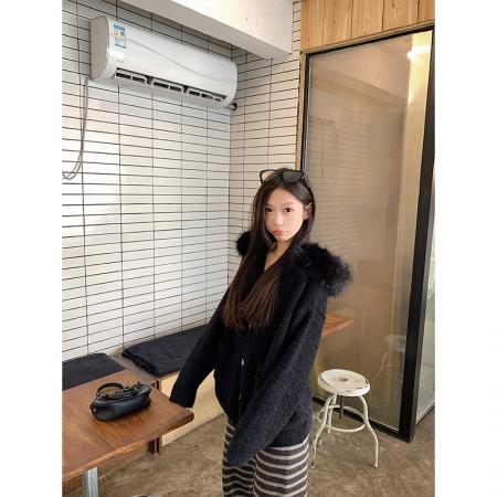 纯欲大毛领连帽宽松毛衣外套软糯针织上衣 服裝批發女裝批發服飾貨源