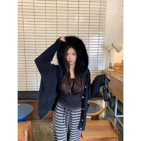 纯欲大毛领连帽宽松毛衣外套软糯针织上衣 服裝批發女裝批發服飾貨源