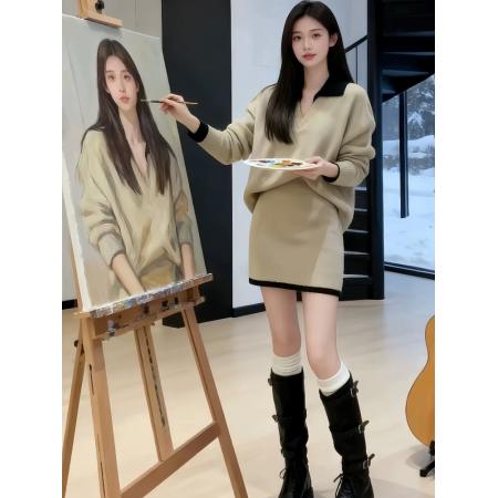 巨好看的冬装一整套韩系慵懒高级感撞色针织上衣半身裙子两件套装 服裝批發女裝批發服飾貨源