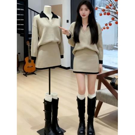 巨好看的冬装一整套韩系慵懒高级感撞色针织上衣半身裙子两件套装 服裝批發女裝批發服飾貨源