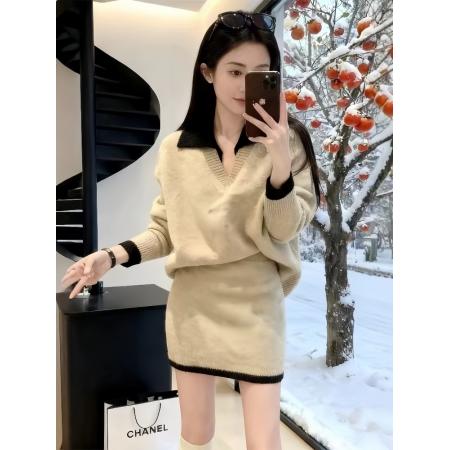 巨好看的冬装一整套韩系慵懒高级感撞色针织上衣半身裙子两件套装 服裝批發女裝批發服飾貨源