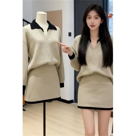 巨好看的冬装一整套韩系慵懒高级感撞色针织上衣半身裙子两件套装 服裝批發女裝批發服飾貨源