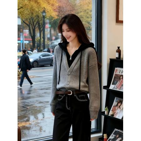 FA47116# 新款时尚气质百搭显瘦高级感轻奢小众减龄潮流假两件针织衫毛衣潮 服裝批發女裝批發服飾貨源