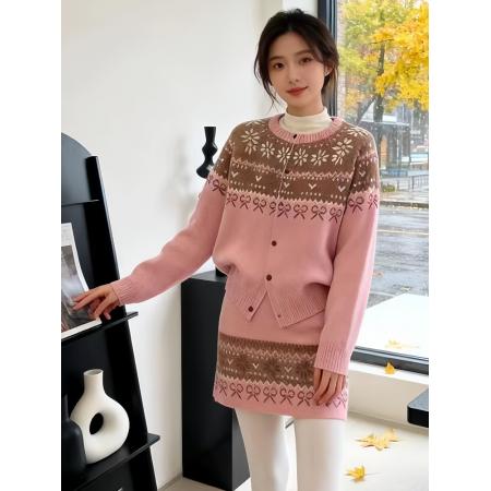 FA47117# 温柔系穿搭套装女韩系复古费尔岛提花加厚毛衣高腰显瘦半裙两件套 服裝批發女裝批發服飾貨源