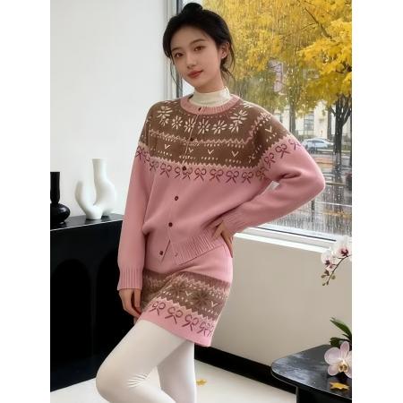 FA47117# 温柔系穿搭套装女韩系复古费尔岛提花加厚毛衣高腰显瘦半裙两件套 服裝批發女裝批發服飾貨源