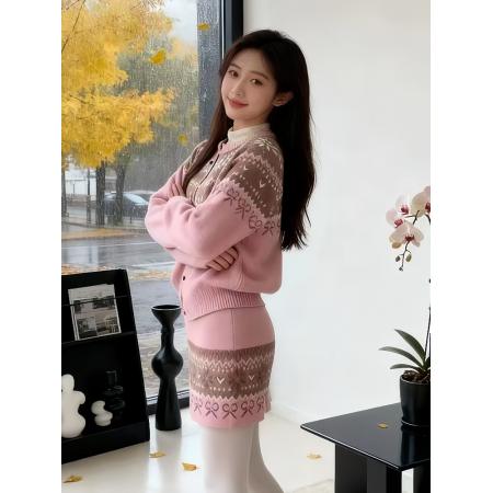 FA47117# 温柔系穿搭套装女韩系复古费尔岛提花加厚毛衣高腰显瘦半裙两件套 服裝批發女裝批發服飾貨源