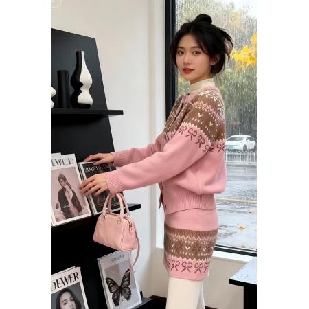 FA47117# 温柔系穿搭套装女韩系复古费尔岛提花加厚毛衣高腰显瘦半裙两件套 服裝批發女裝批發服飾貨源