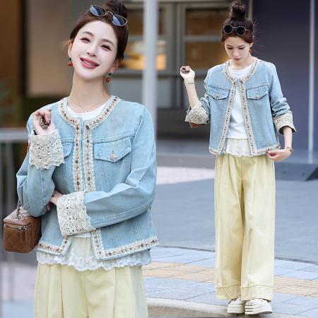 FA47118# 牛仔外套女春季新款欧洲站女装复古时尚蕾丝拼接圆领短款上衣 服裝批發女裝批發服飾貨源