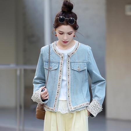 FA47118# 牛仔外套女春季新款欧洲站女装复古时尚蕾丝拼接圆领短款上衣 服裝批發女裝批發服飾貨源