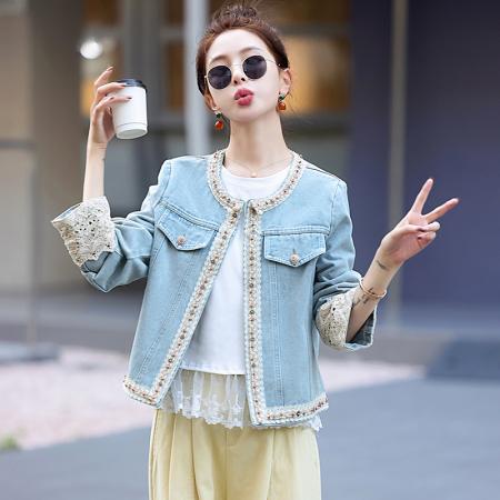FA47118# 牛仔外套女春季新款欧洲站女装复古时尚蕾丝拼接圆领短款上衣 服裝批發女裝批發服飾貨源