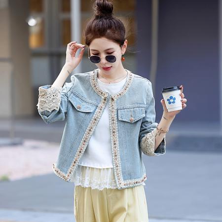 FA47118# 牛仔外套女春季新款欧洲站女装复古时尚蕾丝拼接圆领短款上衣 服裝批發女裝批發服飾貨源