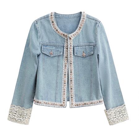 FA47118# 牛仔外套女春季新款欧洲站女装复古时尚蕾丝拼接圆领短款上衣 服裝批發女裝批發服飾貨源