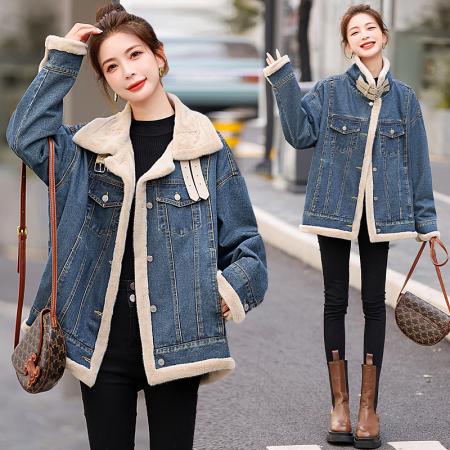 冬装新款百搭水貂绒牛仔棉衣女加绒加厚休闲宽松外套 服裝批發女裝批發服飾貨源