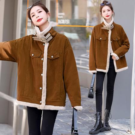 冬装新款百搭水貂绒牛仔棉衣女加绒加厚休闲宽松外套 服裝批發女裝批發服飾貨源