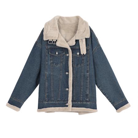 冬装新款百搭水貂绒牛仔棉衣女加绒加厚休闲宽松外套 服裝批發女裝批發服飾貨源