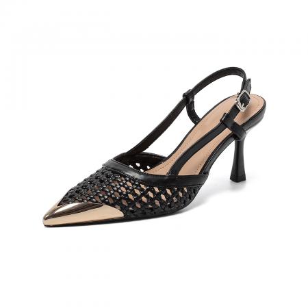 X-32831# 秋季新款性感时尚百搭编辑网面尖头前包后空金属扣凉鞋 鞋子批发女鞋批发货源