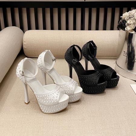 X-32834# 时尚新款珍珠一字带性感超高跟防水台T台走秀14CM凉鞋 鞋子批发女鞋批发货源