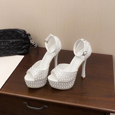 X-32834# 时尚新款珍珠一字带性感超高跟防水台T台走秀14CM凉鞋 鞋子批发女鞋批发货源