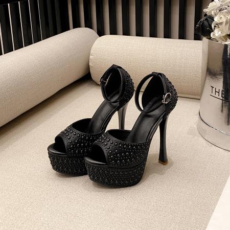 X-32834# 时尚新款珍珠一字带性感超高跟防水台T台走秀14CM凉鞋 鞋子批发女鞋批发货源