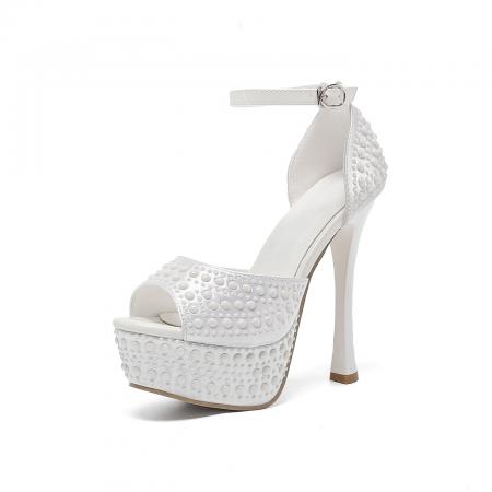 X-32834# 时尚新款珍珠一字带性感超高跟防水台T台走秀14CM凉鞋 鞋子批发女鞋批发货源