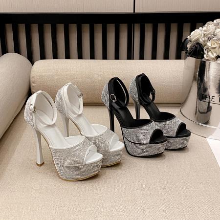 X-32835# 时尚新款水钻一字带性感超高跟防水台T台走秀14CM凉鞋 鞋子批发女鞋批发货源